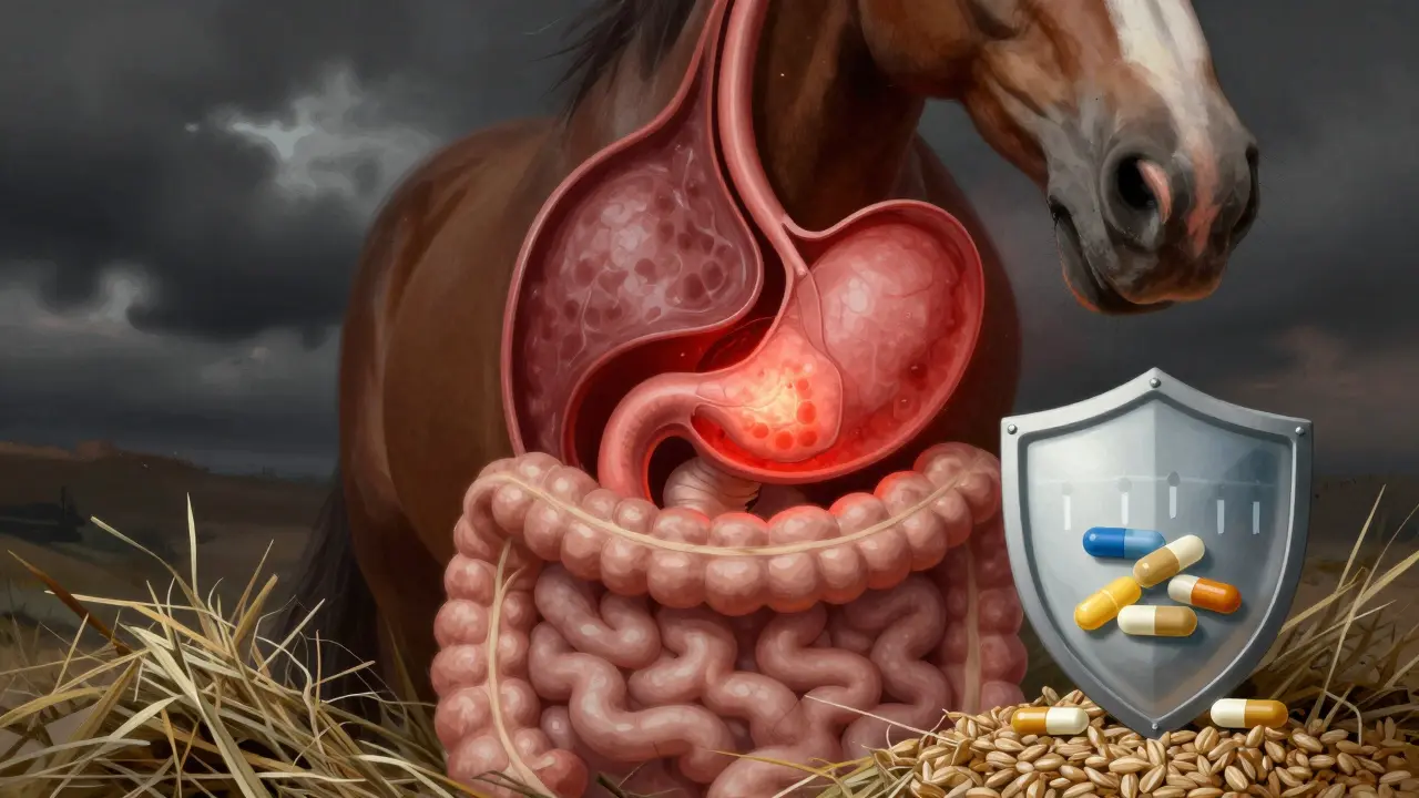 Symbolický obraz vředu v žaludku koně s ochrannými látkami a stresovými faktory.
