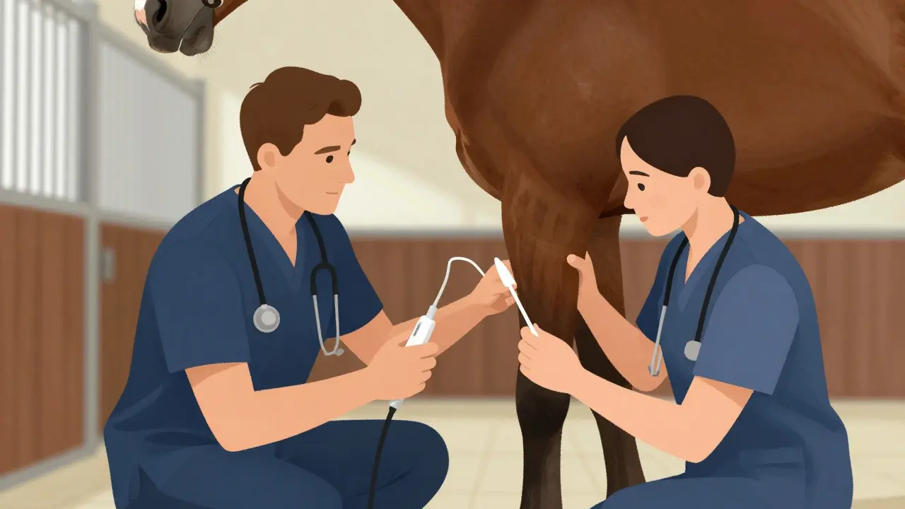 Veterinář a kopytník společně vyšetřují nohu koně.