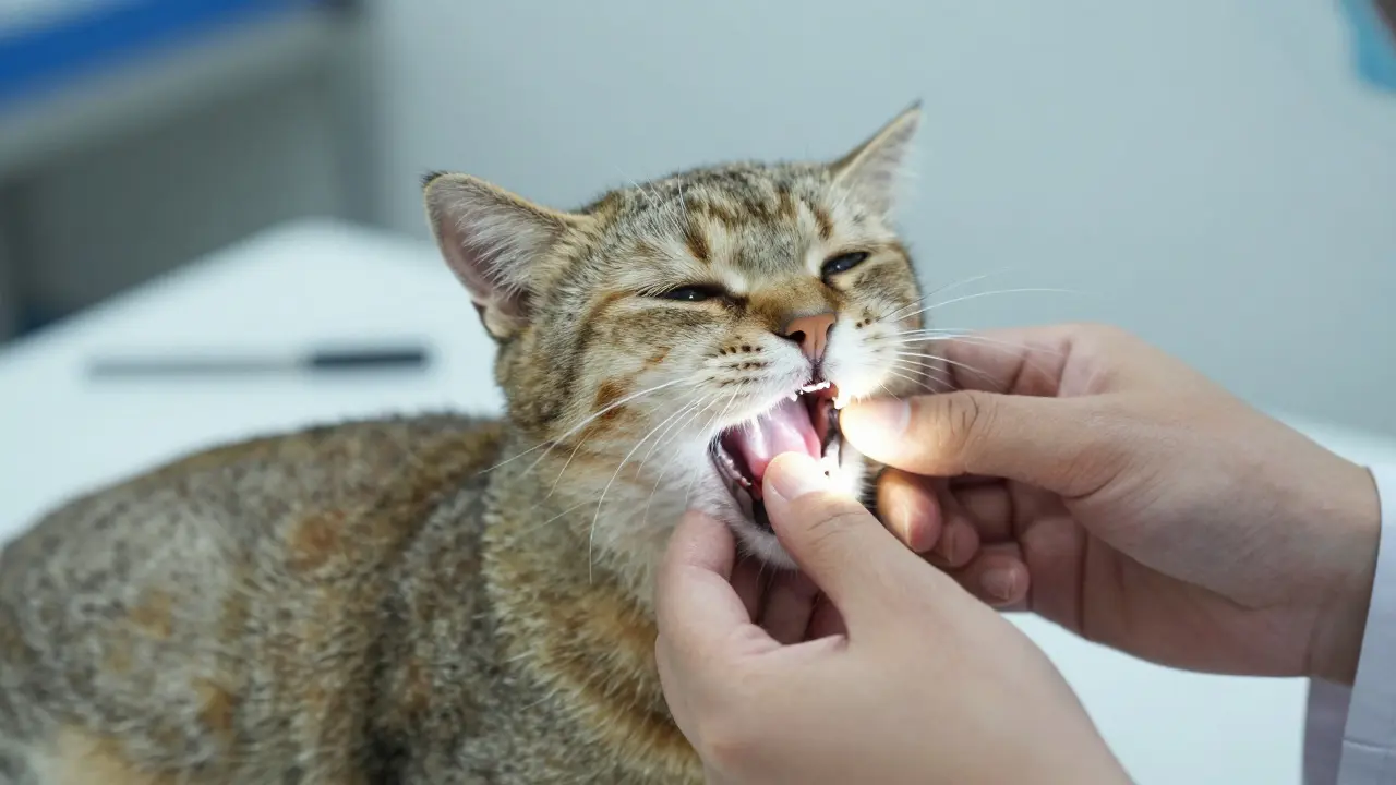 Veterinář opatrně prohlíží zuby starší kočky v klinice.