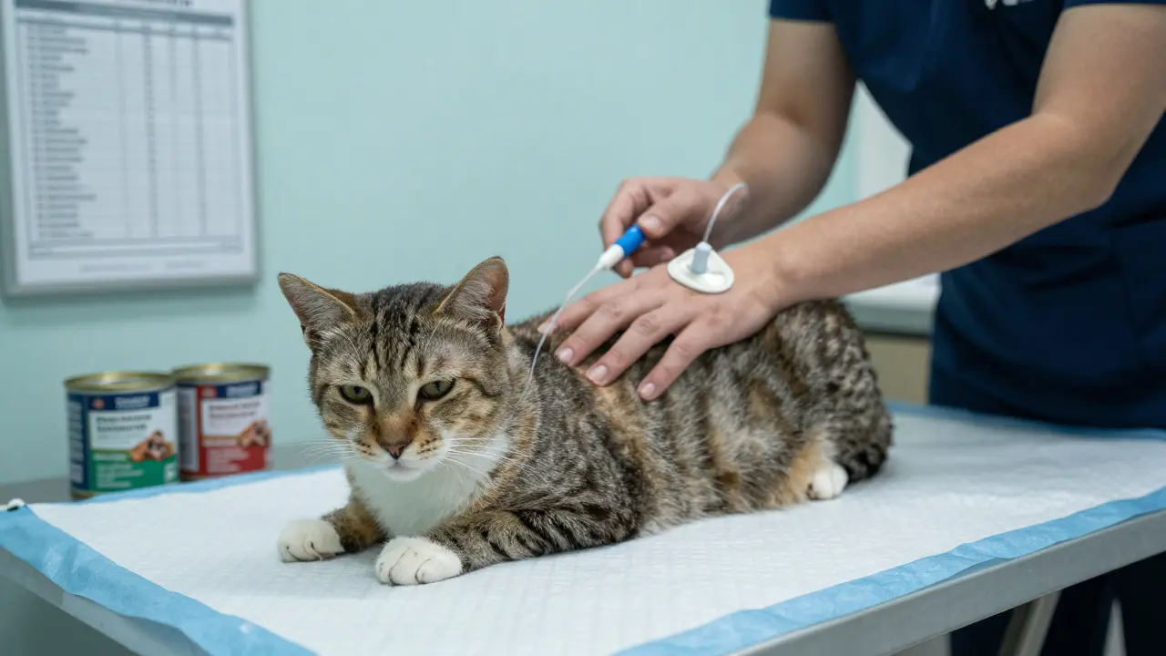 Veterinář podává kočce podkožní tekutiny, majitel jí jemně hladí.