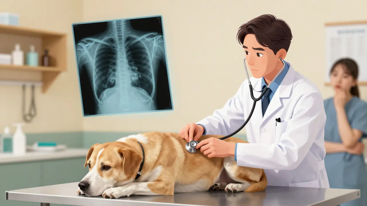 Veterinář poslouchá psa stetoskopem, vedle něj se objevuje rentgen s příznaky srdeční choroby.