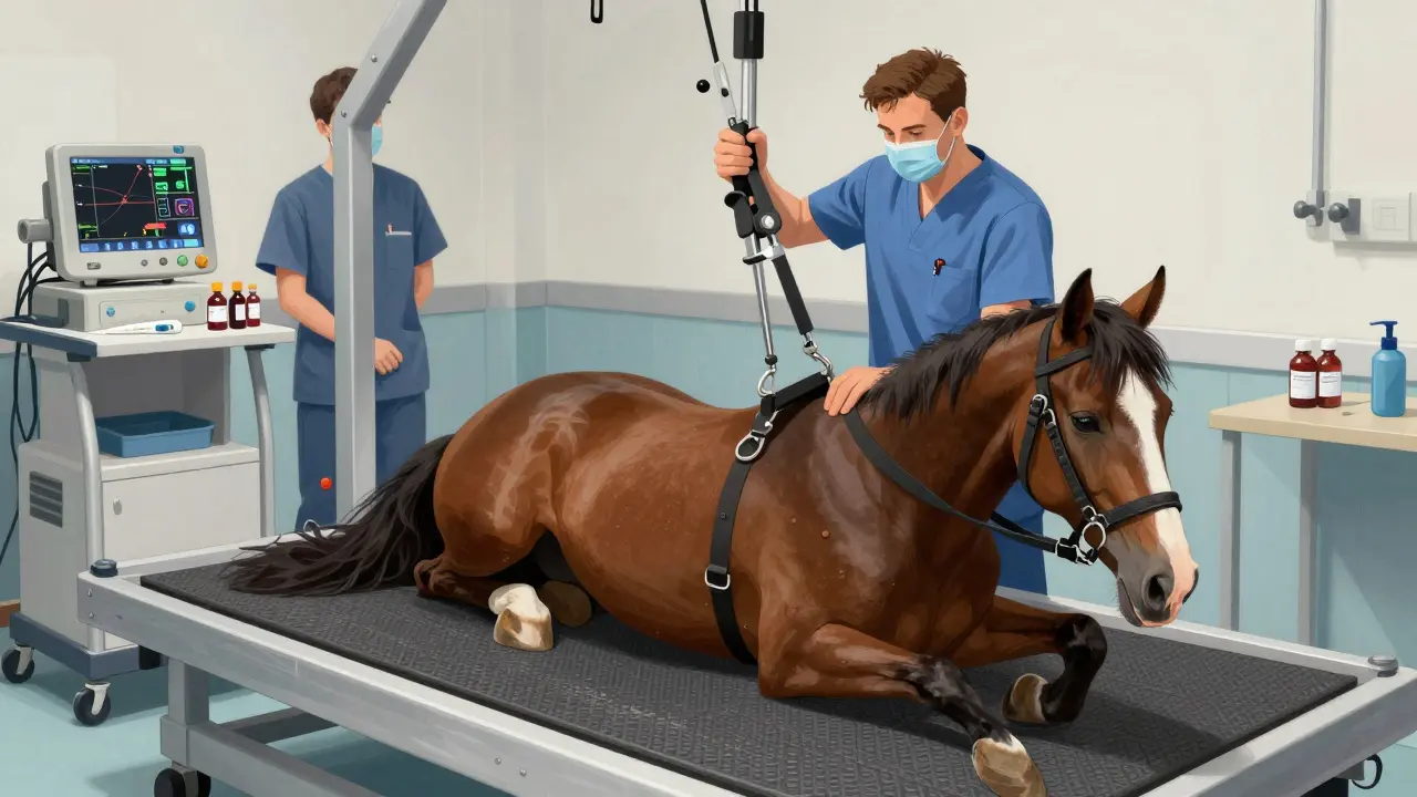 Veterinář používá mechanický zvedací systém k pomalému zvedání ležícího koně.