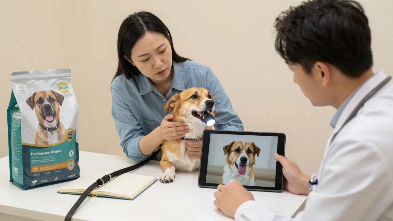 Veterinář prohledává ústa psa, majitel drží videozáznam opakujícího se lizání, na stole jsou deník a krmivo.