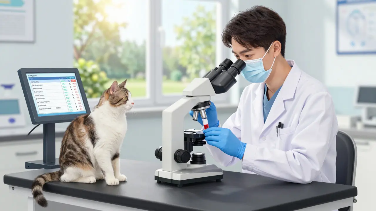 Veterinář prohlíží krevní test kočky na toxoplazmózu, na obrazovce jsou výsledky protilátek.