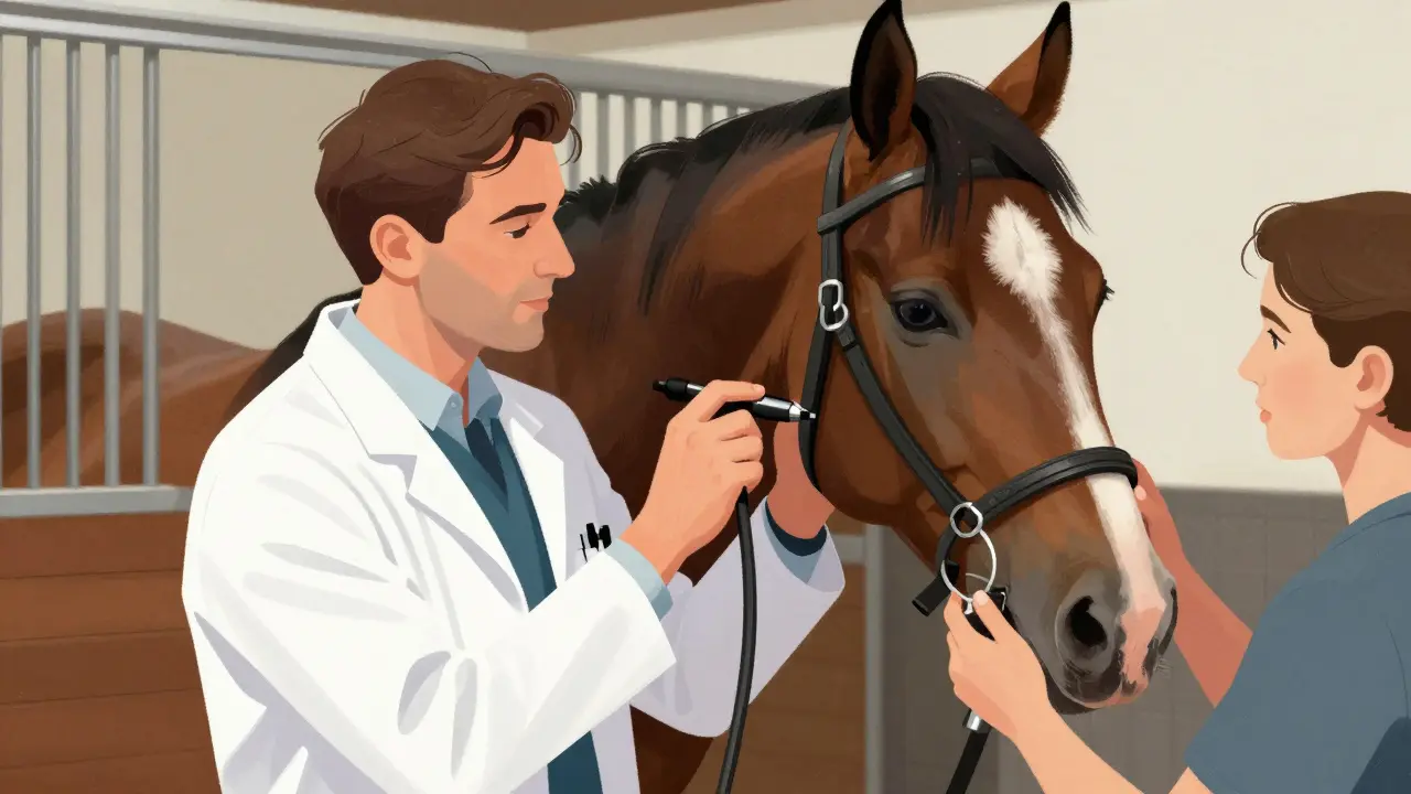 Veterinář provádí endoskopii na koni ve stáji.