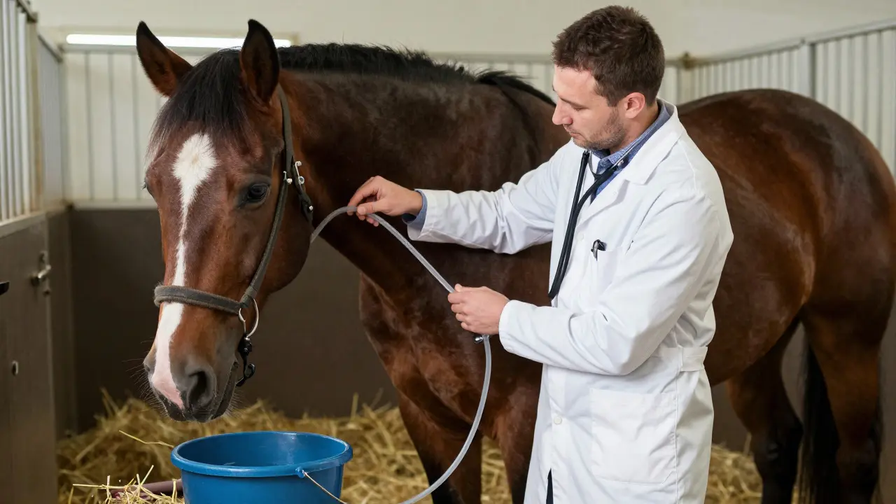 Veterinář vkládá sondu nosním průchodem koni ve stáji.
