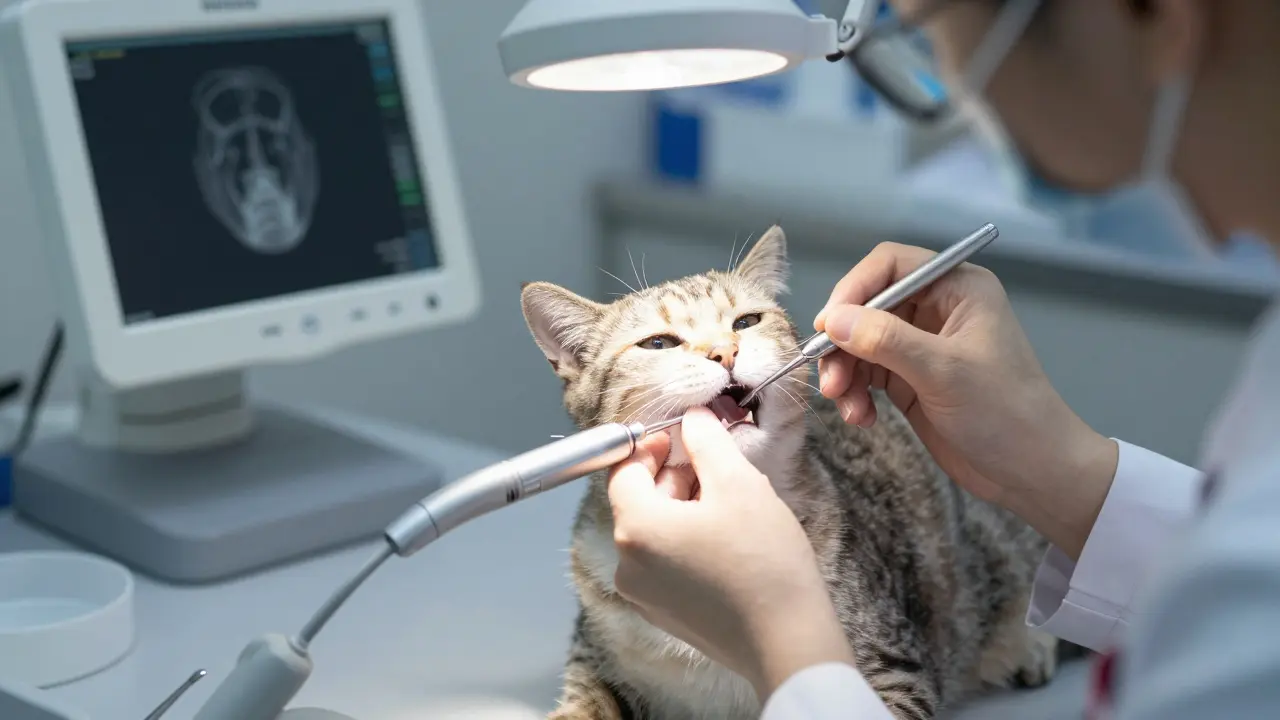 Veterinář vyšetřuje ústní dutinu kočky s dentálními nástroji.
