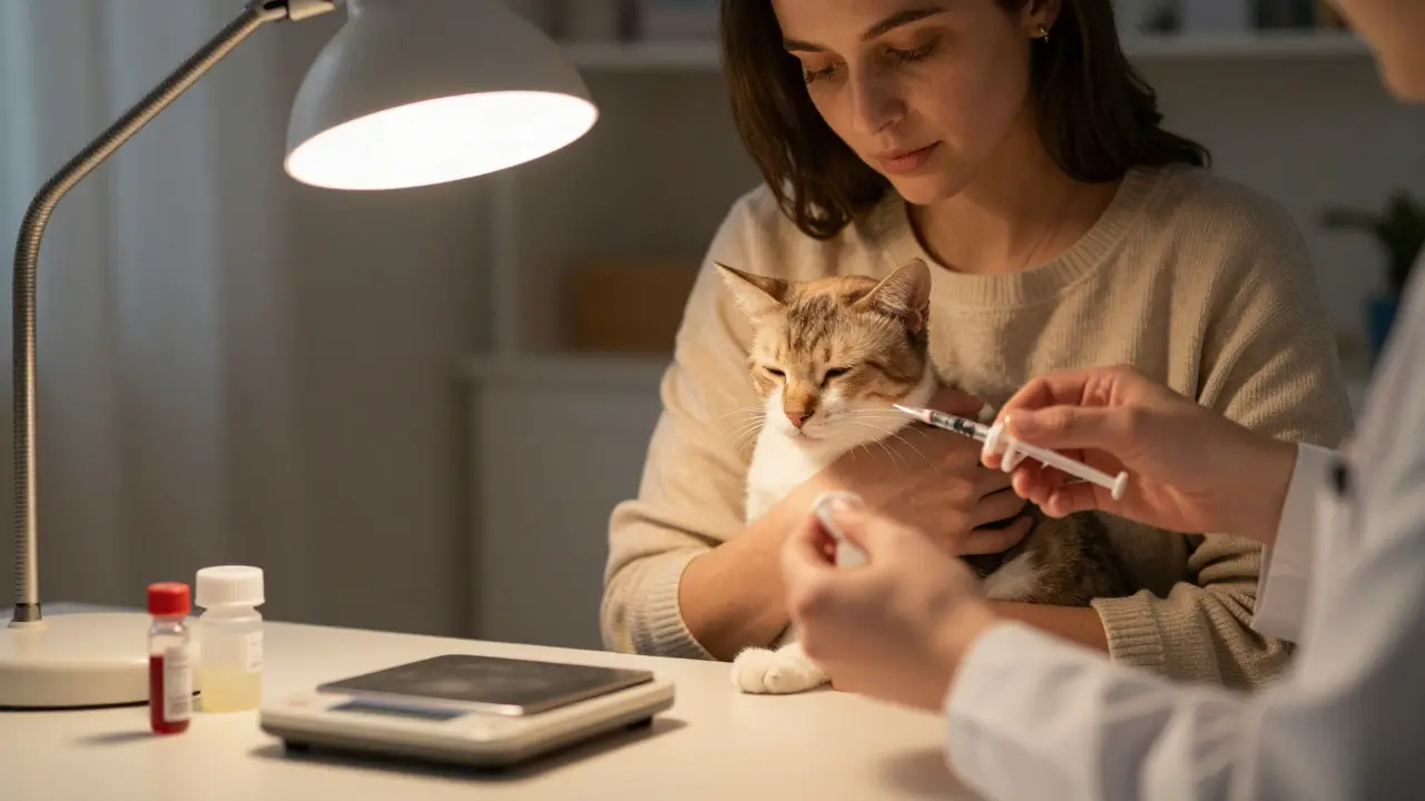 Vlastník drží nemocnou kočku pod teplou lampou při veterinární prohlídce.