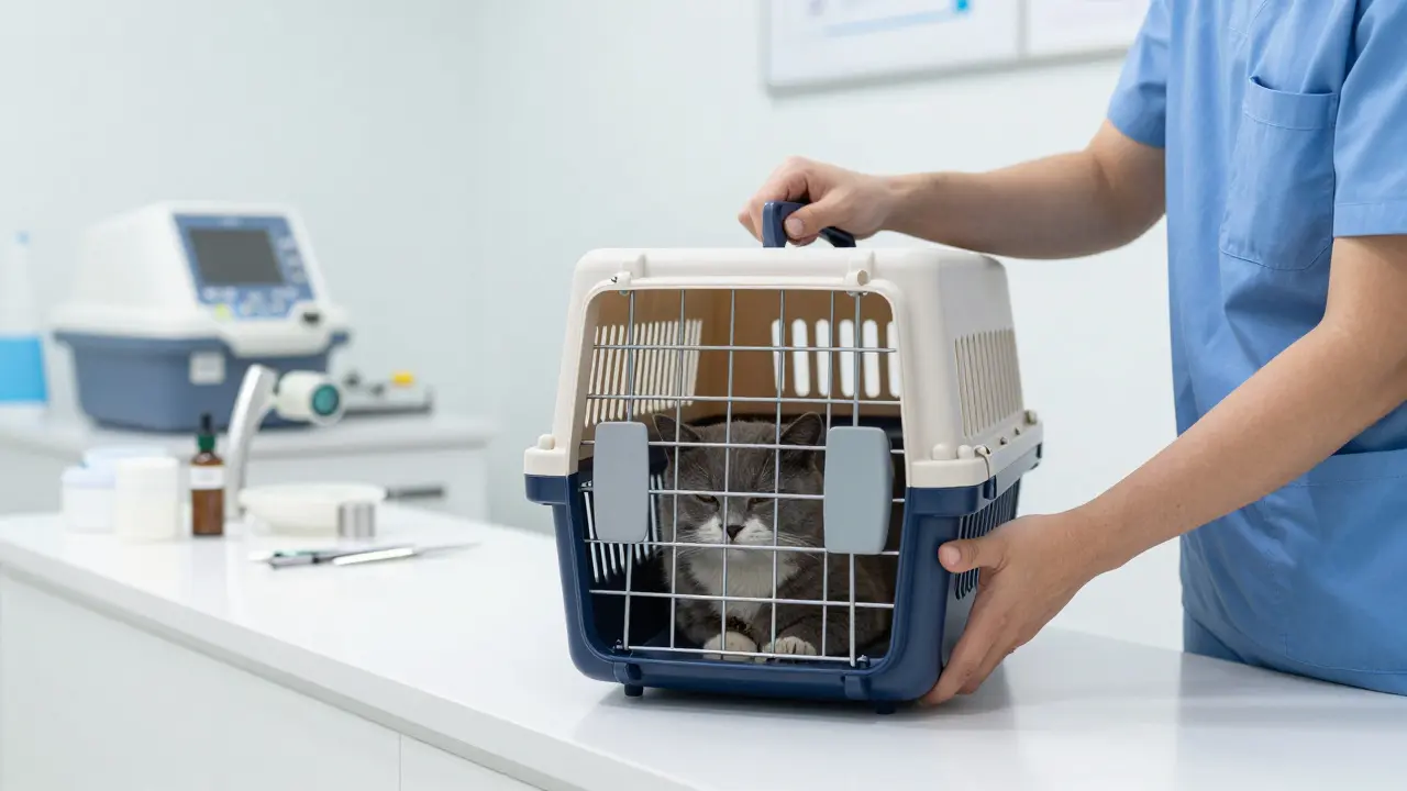 Vlastník s kočičím přepravníkem na veterinární klinice