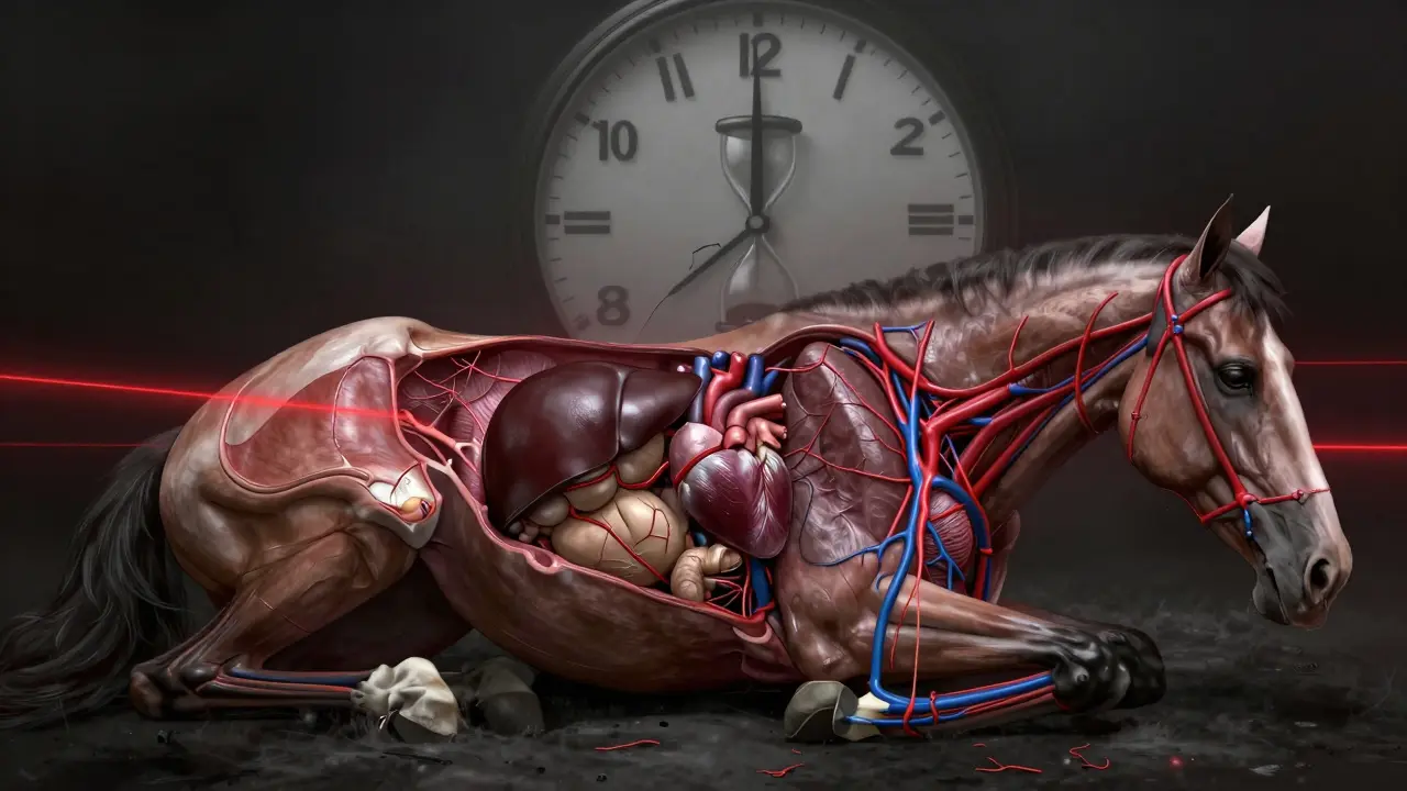 Vnitřní anatomy koně s komprimovanými orgány a poškozenými nervy při dlouhém ležení.