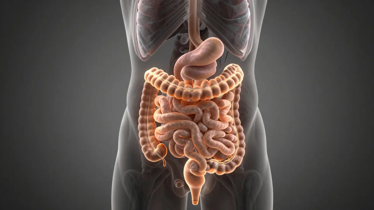 Anatomická ilustrace trávicího traktu koně s detailem vzkrucených střev