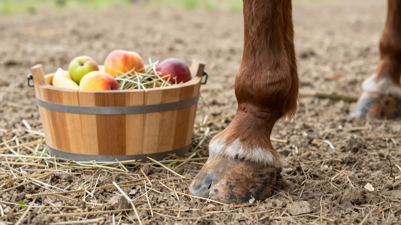 Detail kopyta koně a v pozadí krmítko s vyváženým množstvím ovoce a sena.