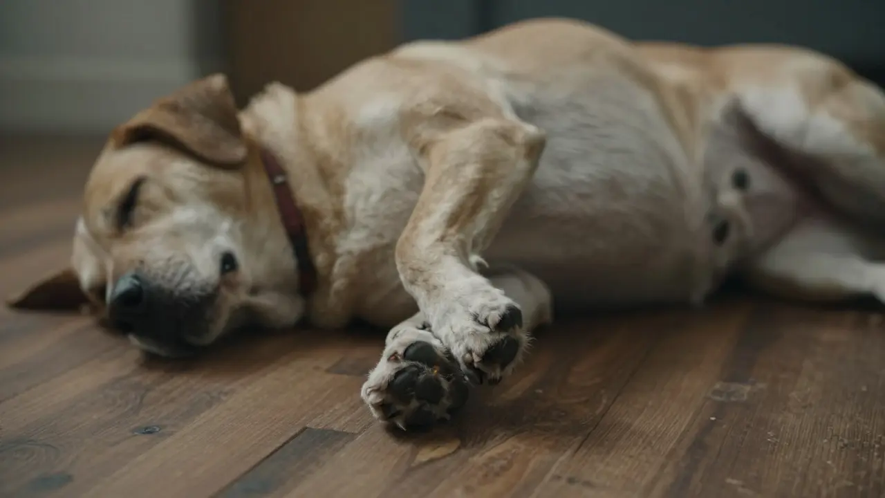 Detail staršího psa, který se s námahou zvedá ze spánku na zádech.