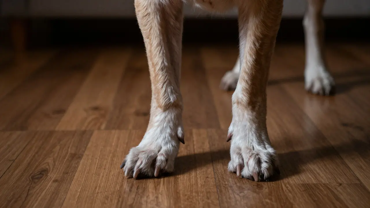 Detail tlap psa při nárocznym vstávání z podlahy kvůli bolesti kloubů.