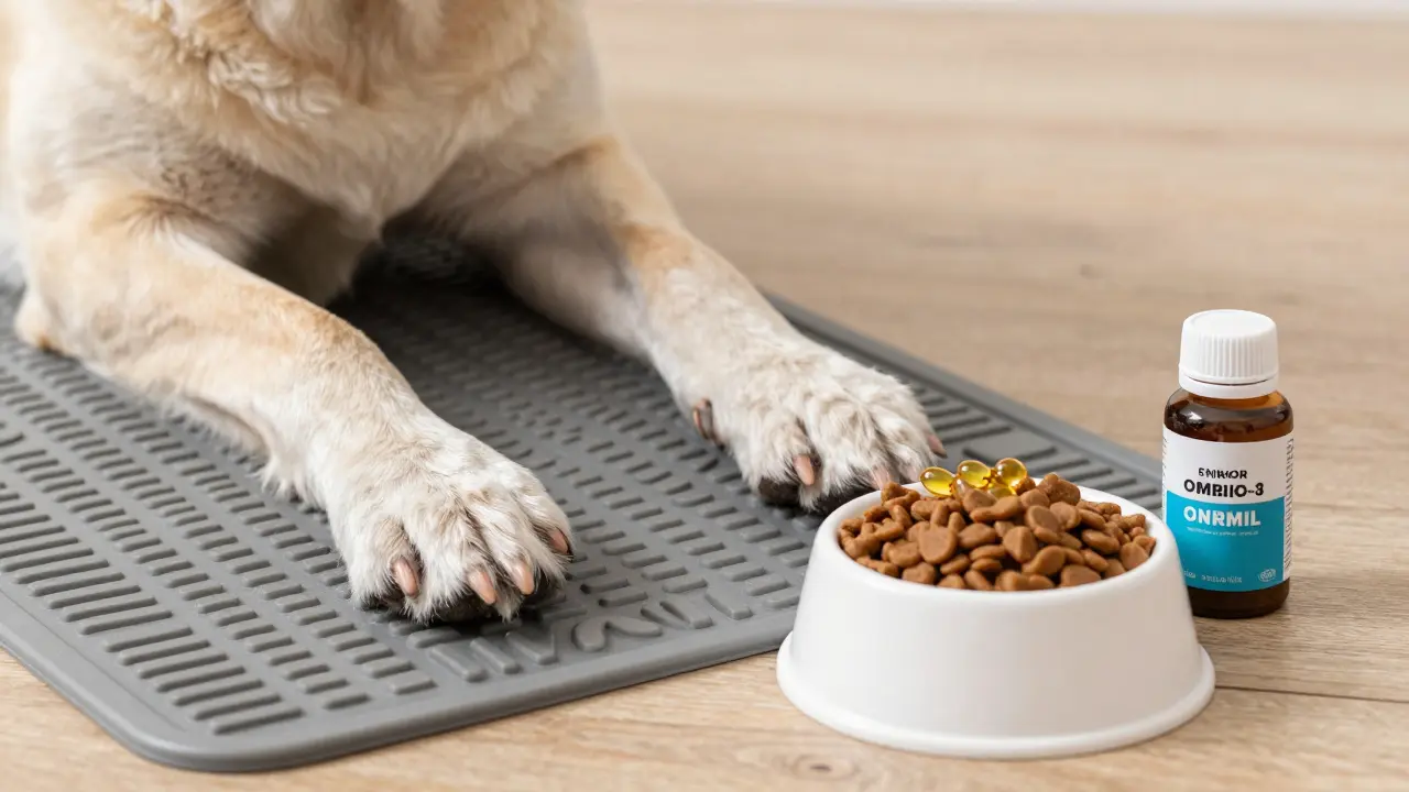 Detail tlapky psa na protiskluzové podložce vedle misky s krmivem a doplňky stravy.