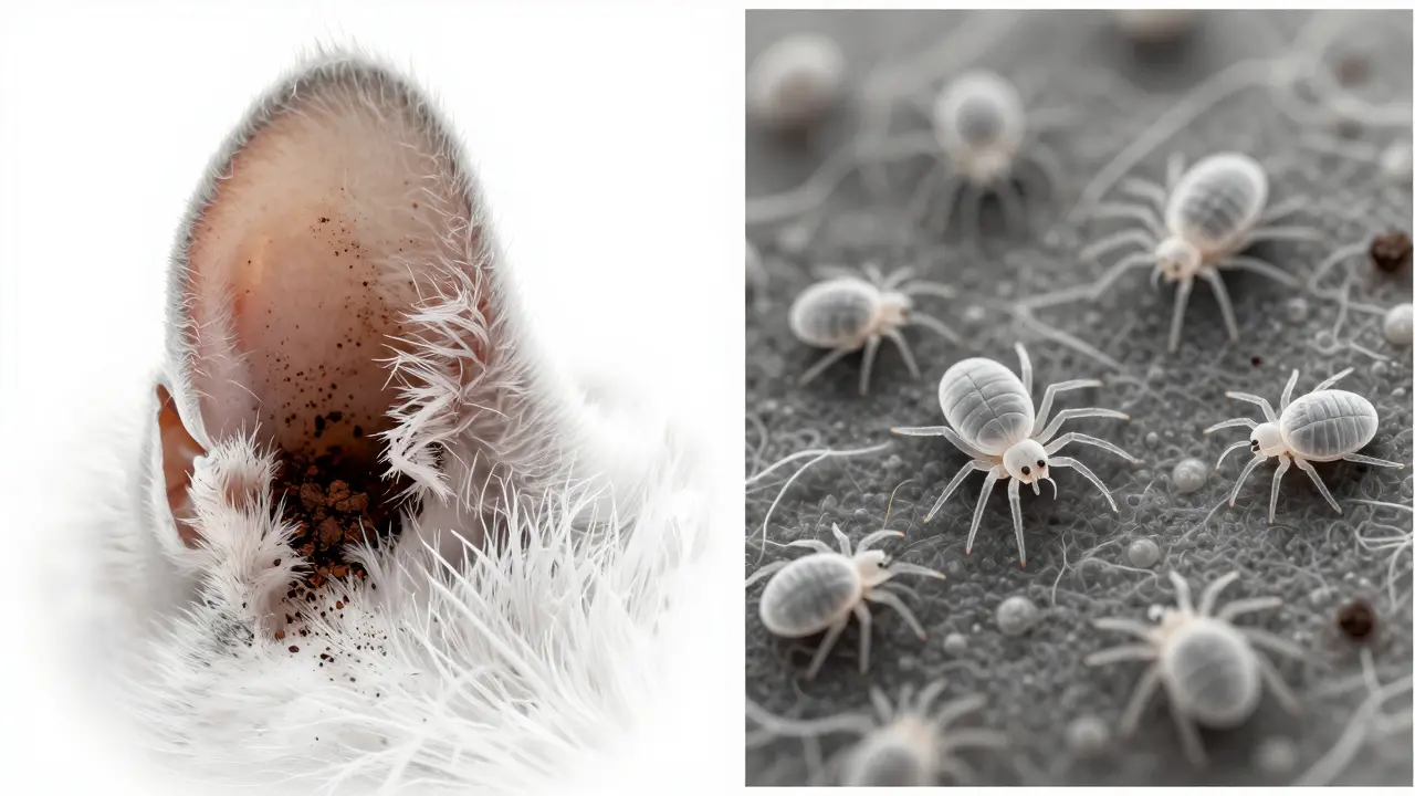 Detail ucha kočky s černým sekretem a mikroskopický pohled na roztoče.