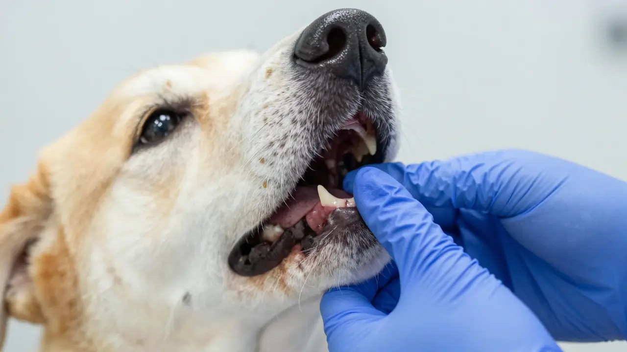 Detailní pohled na dásně psa během veterinárního vyšetření pro kontrolu šoku.