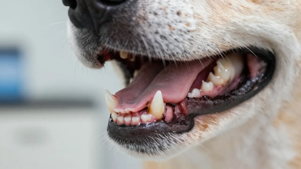 Detailní pohled na zuby psa s viditelným zubním kamenem na dásních.