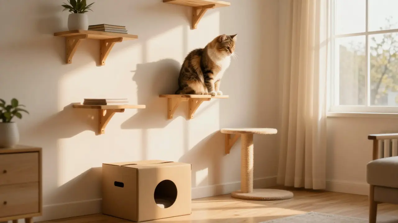 Klidná kočka na vysoké police v bezpečně vyzařovujícím domácím prostředí