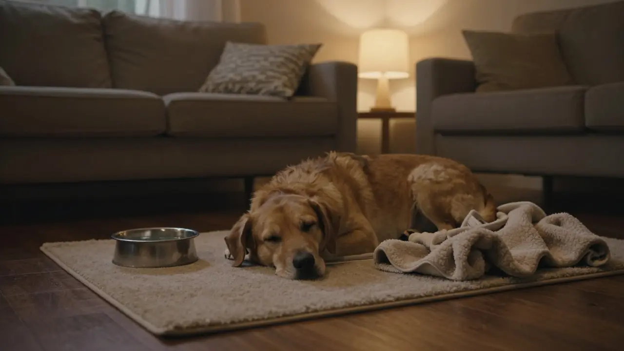 Klidný pes odpočívající v útulném koutě obývacího pokoje při tlumeném světle.