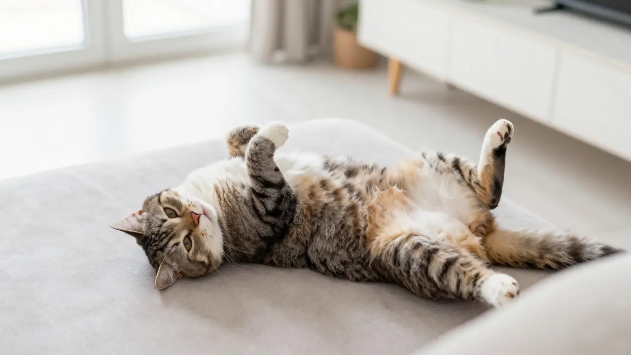 Kočka leží na zádech s odhaleným břichem na nohách majitele jako projev důvěry.