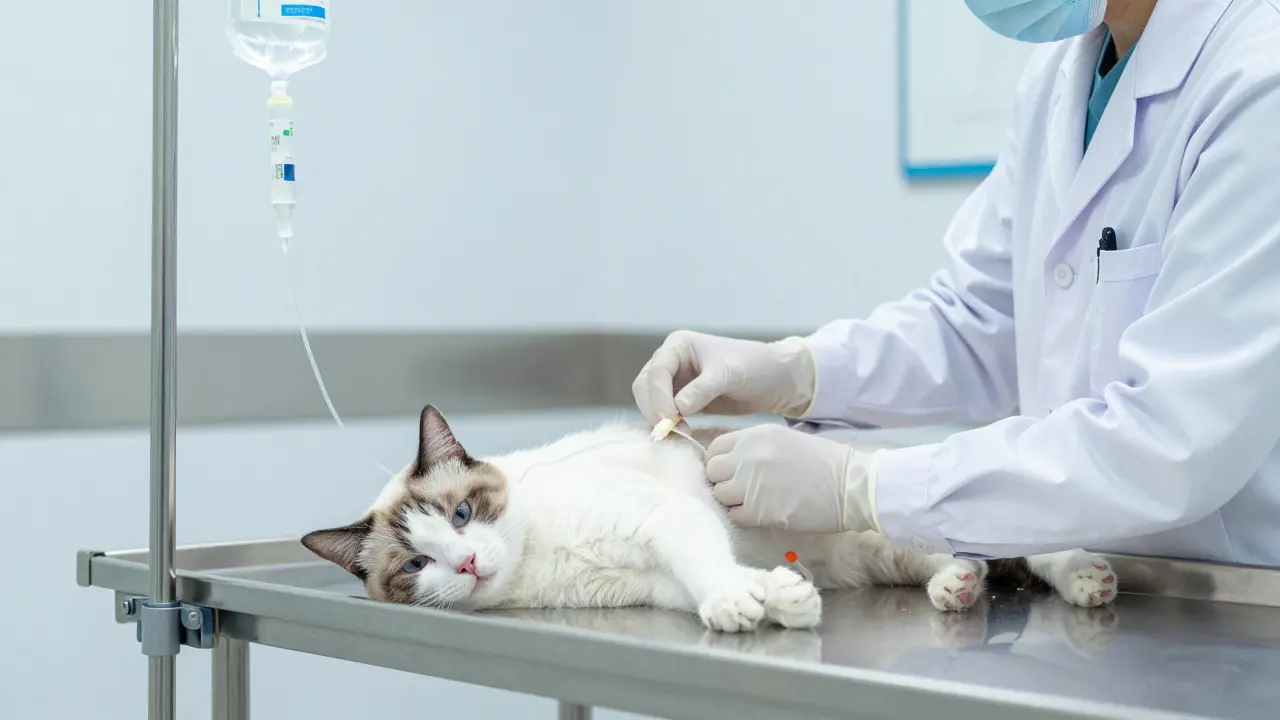 Kočka v veterinární klinice napojená na infuzní terapii