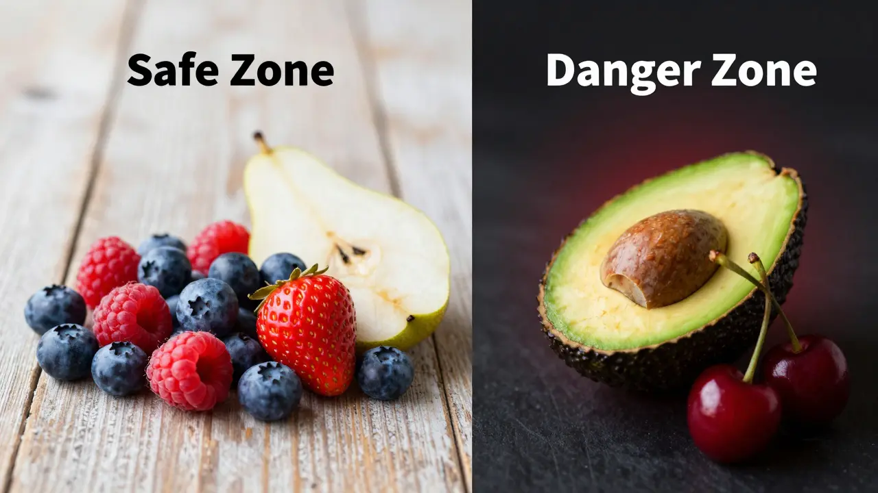 Koláž bezpečného ovoce jako borůvek vedle nebezpečného avokáda.