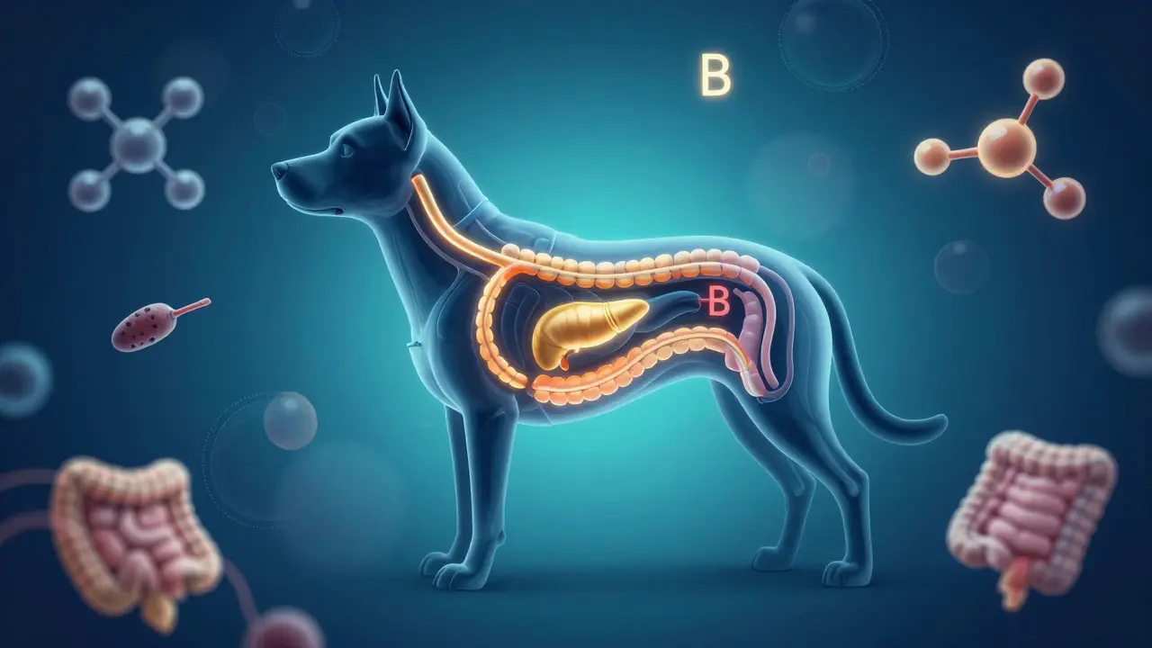 Konceptuální ilustrace trávicího systému psa znázornující nedostatek vitamínů a parazity.
