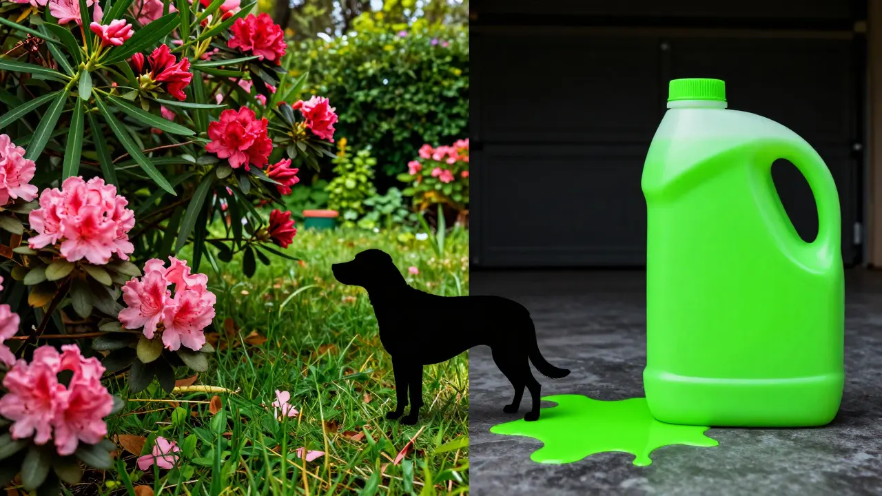 Konceptuální obraz jedovatých rostlin v zahradě a rozlitého nemrznoucího roztoku v garáži.