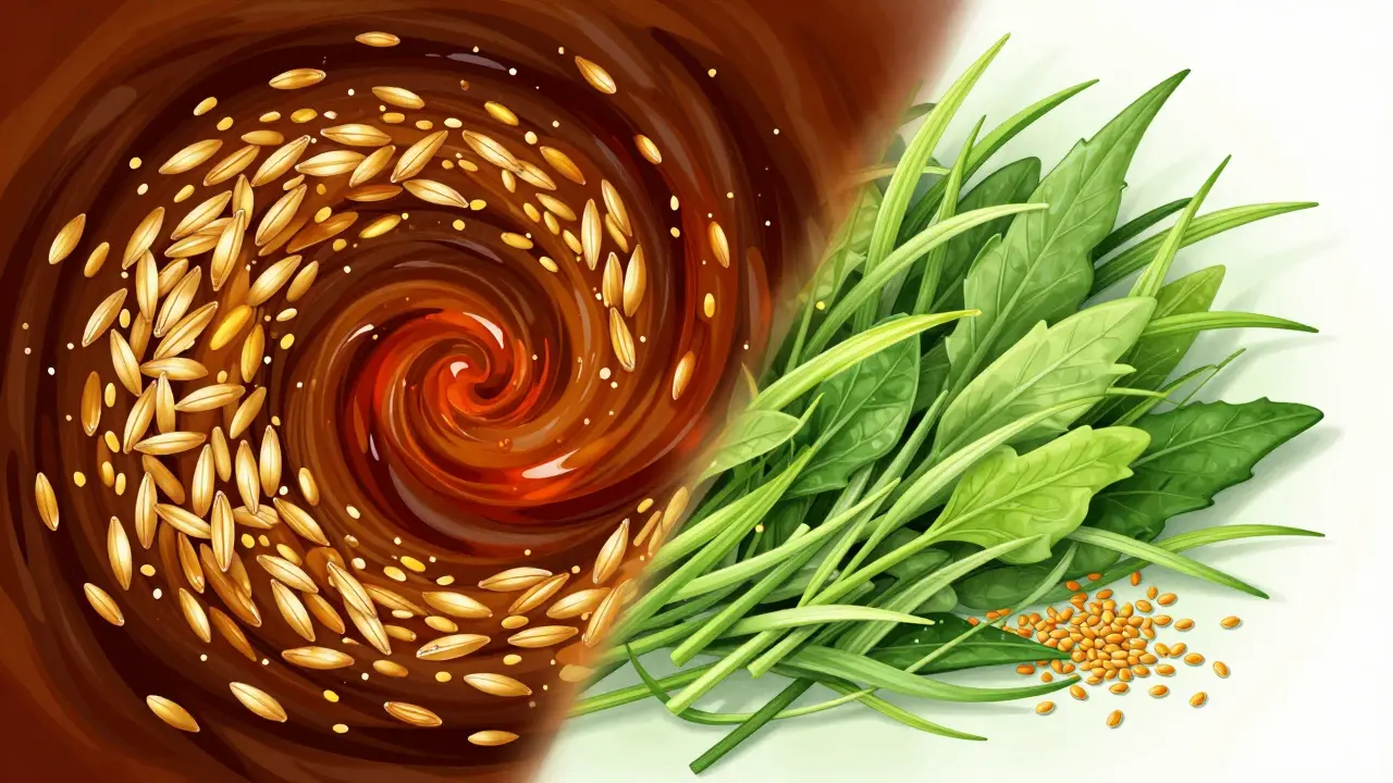 Konceptuální srovnání škodlivých zrn a zdravého sena s lněnými semínky