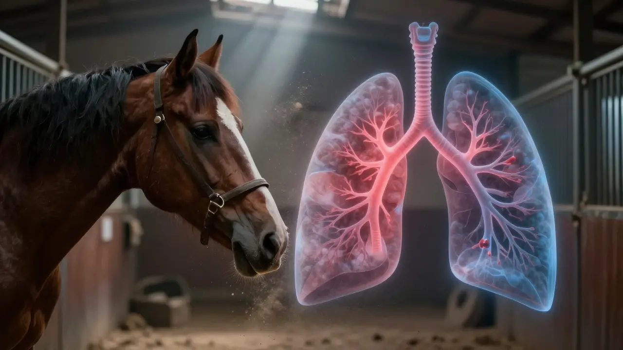 Konceptuální znázornení plic koně a vlivu prachu v ustálkách na dýchací cesty.