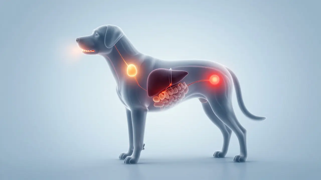 Konceptuální znázornění problematických oblastí starého psa, jako jsou zuby, kůže a orgány.