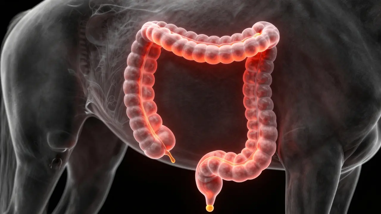 Konceptuální znázornění torze střeva u koně s červeným podsvětem bolesti.