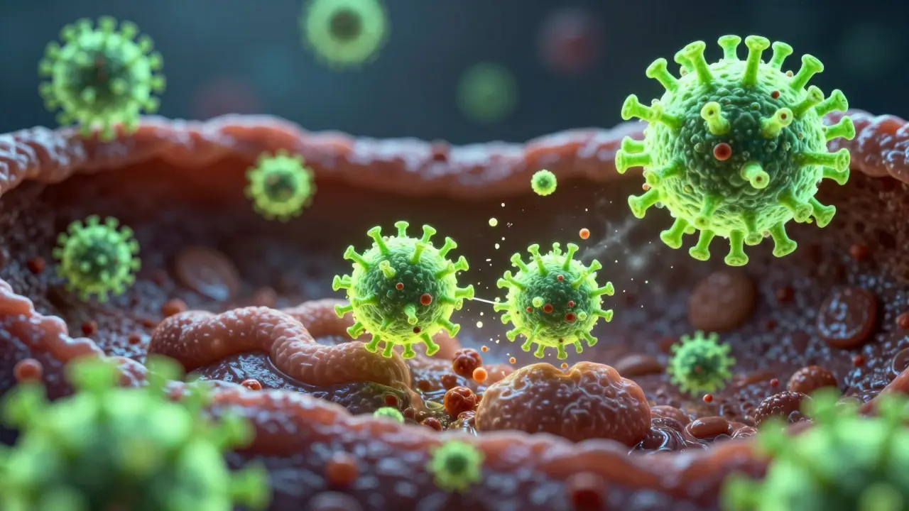 Konceptuální zobrazení parvoviru útočícího na buňky střeva psa.