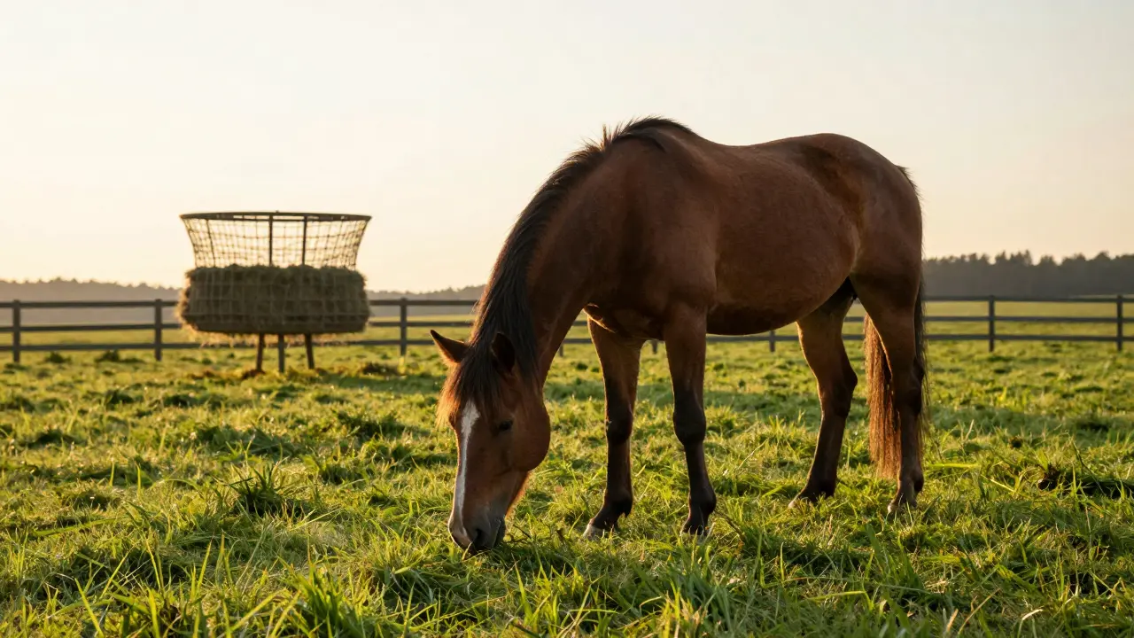 Kůň klidně pasoucí trávu na zelené louce za zlaté hodiny