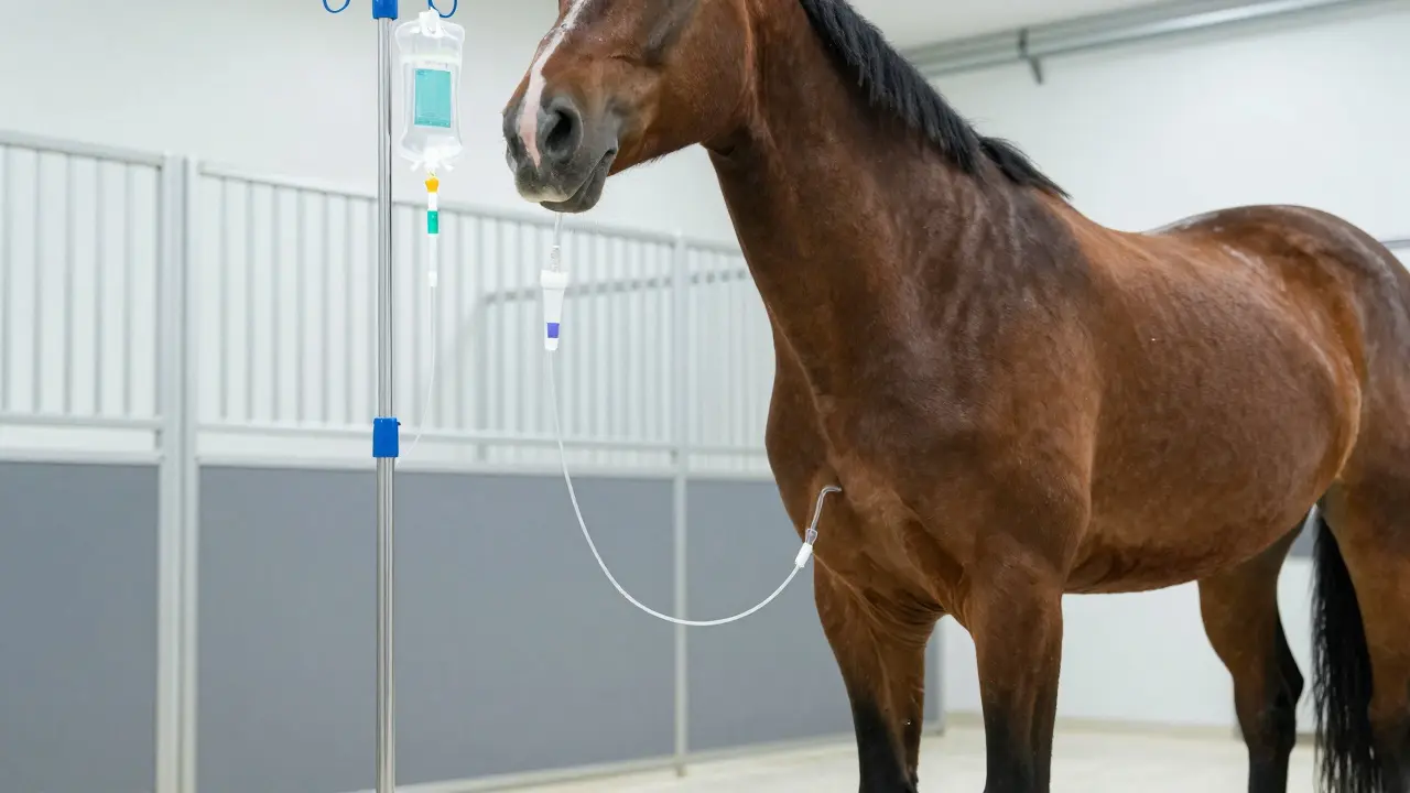 Kůň podstupující infuzní terapii v ustájení pro obnovu tekutin.