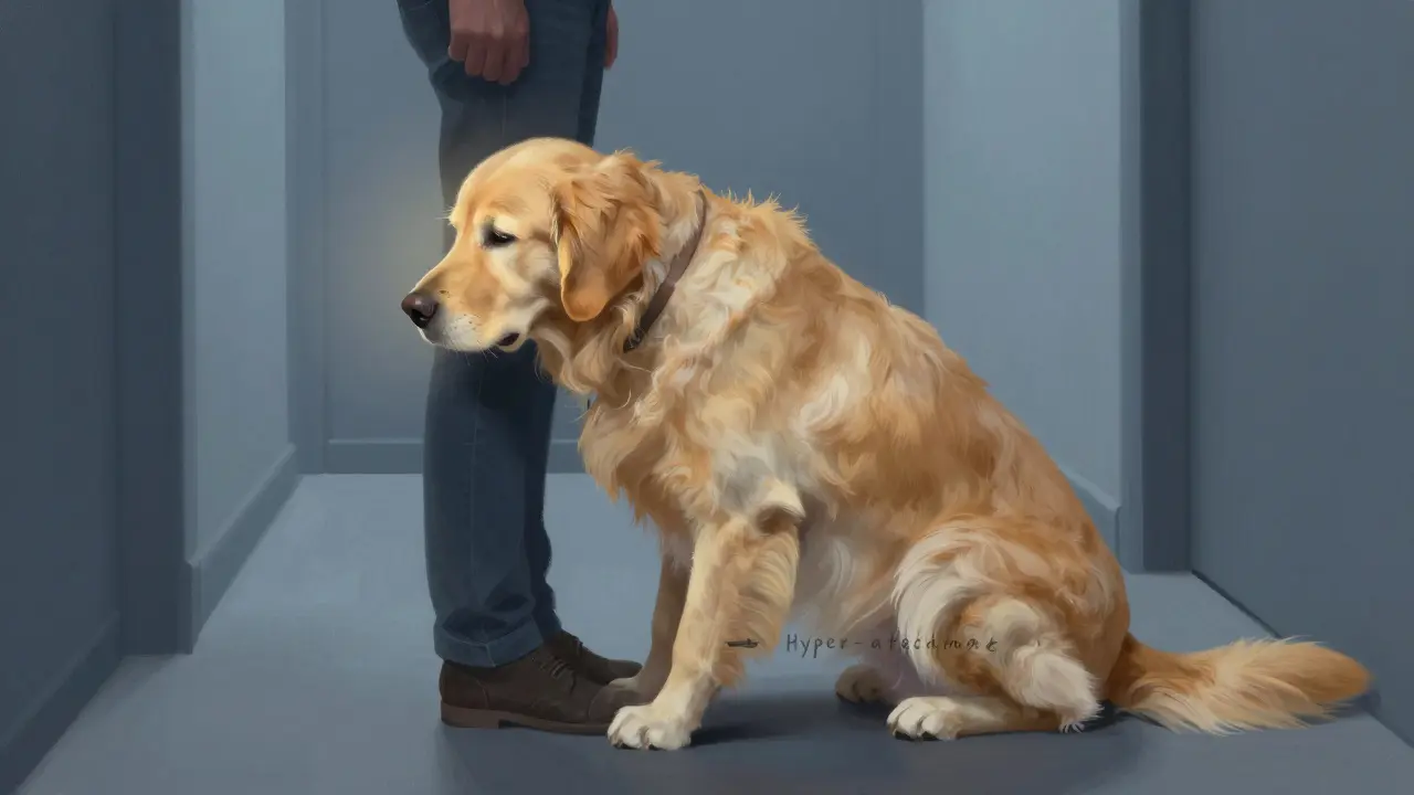 Labrador hledající úkoj a fyzický kontakt u svého majitele v chodbě.