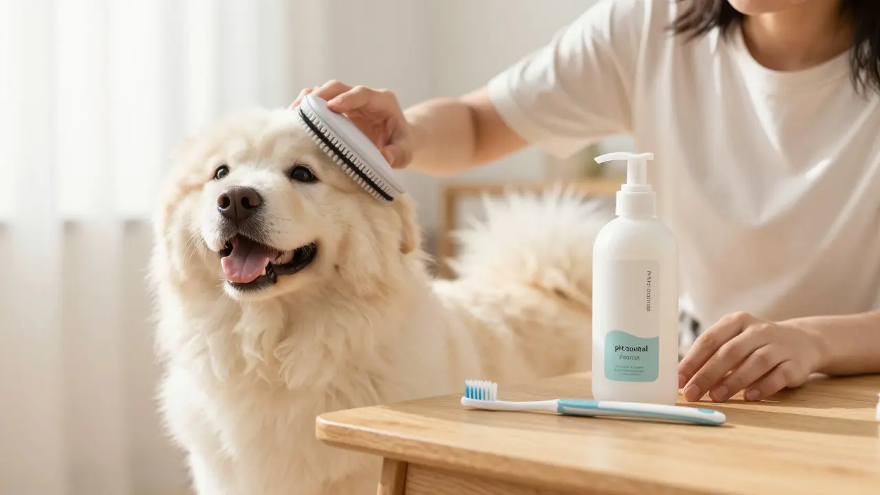 Majitel vyčesává srst zdravého psa v přítomnosti hygienických pomůcek.