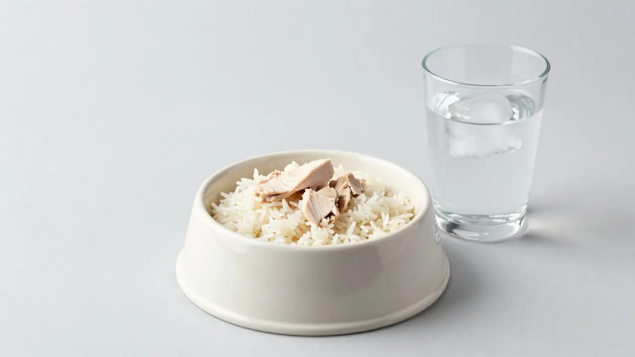 Miska s vařenou rýží a kuřecím masem pro psa