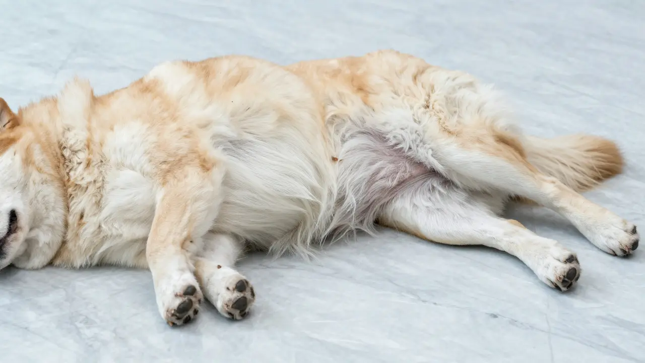 Pes chladí své břicho na studené mramorové podlaze pro termoregulaci.
