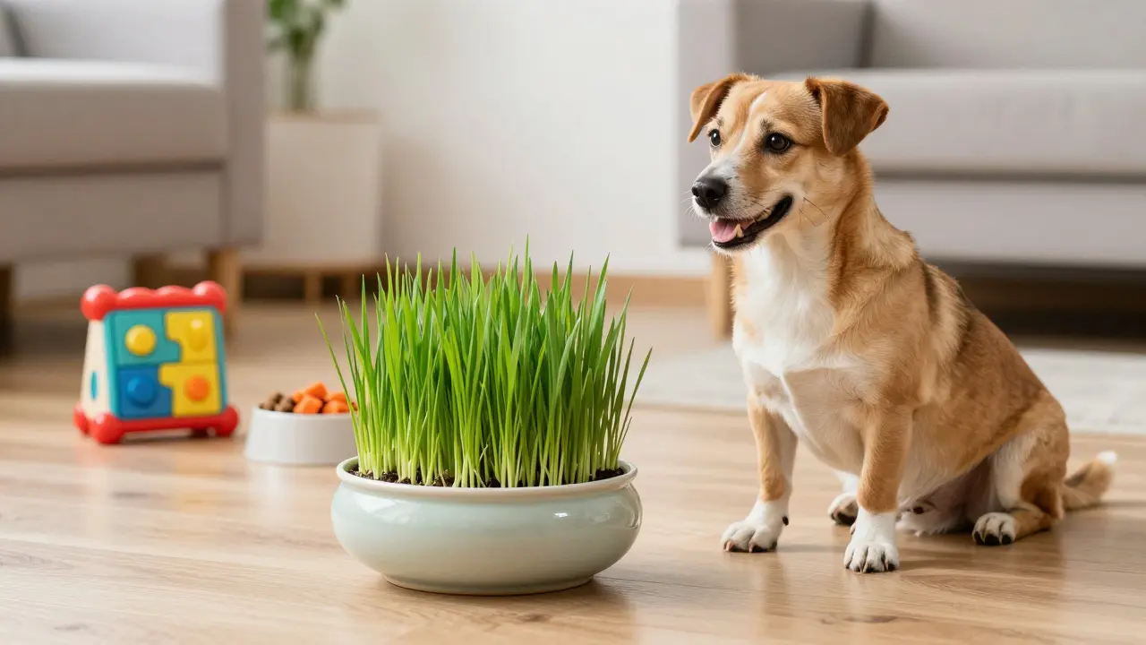 Pes u květináče s pěstovanou psí trávou v moderním bytě.