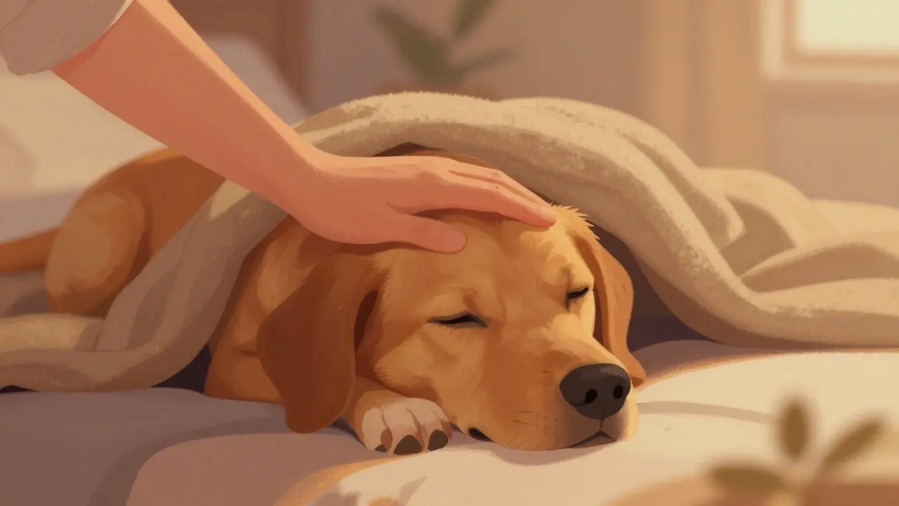 Ruka majitele jemně hladí psa přikrytého teplými přikrývkami.