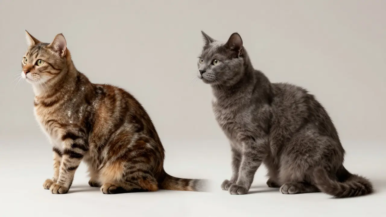 Srovnání lesklé srsti zdravé kočky a matné, suché srsti kočky s onemocněním ledvin.