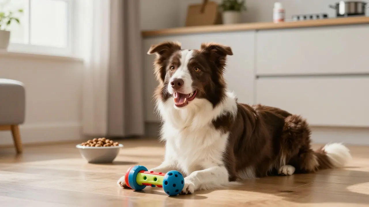 Šťastný pes si hraje s interaktivní hračkou v obývacím pokoji.