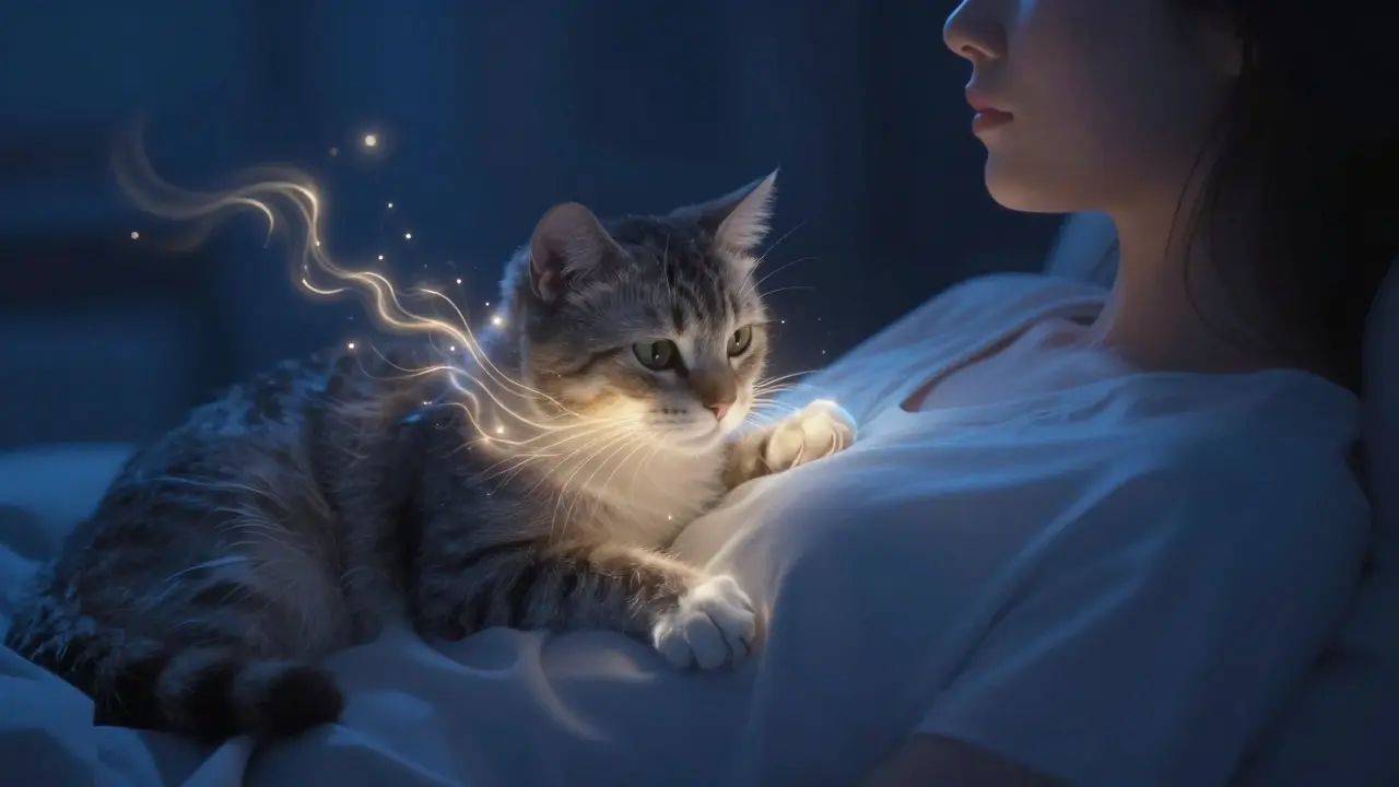 Umělecký obraz znázornující feromony a citové pouto mezi kočkou a člověkem.