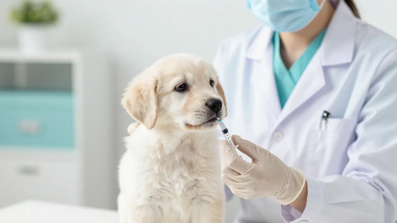 Veterinář očkuje zdravé štěně v čisté moderní klinice.