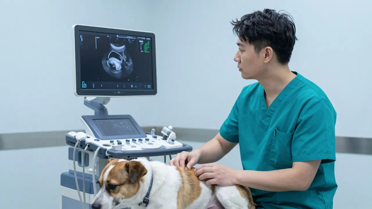 Veterinář provádí ultrazvuk břicha psa v klinice