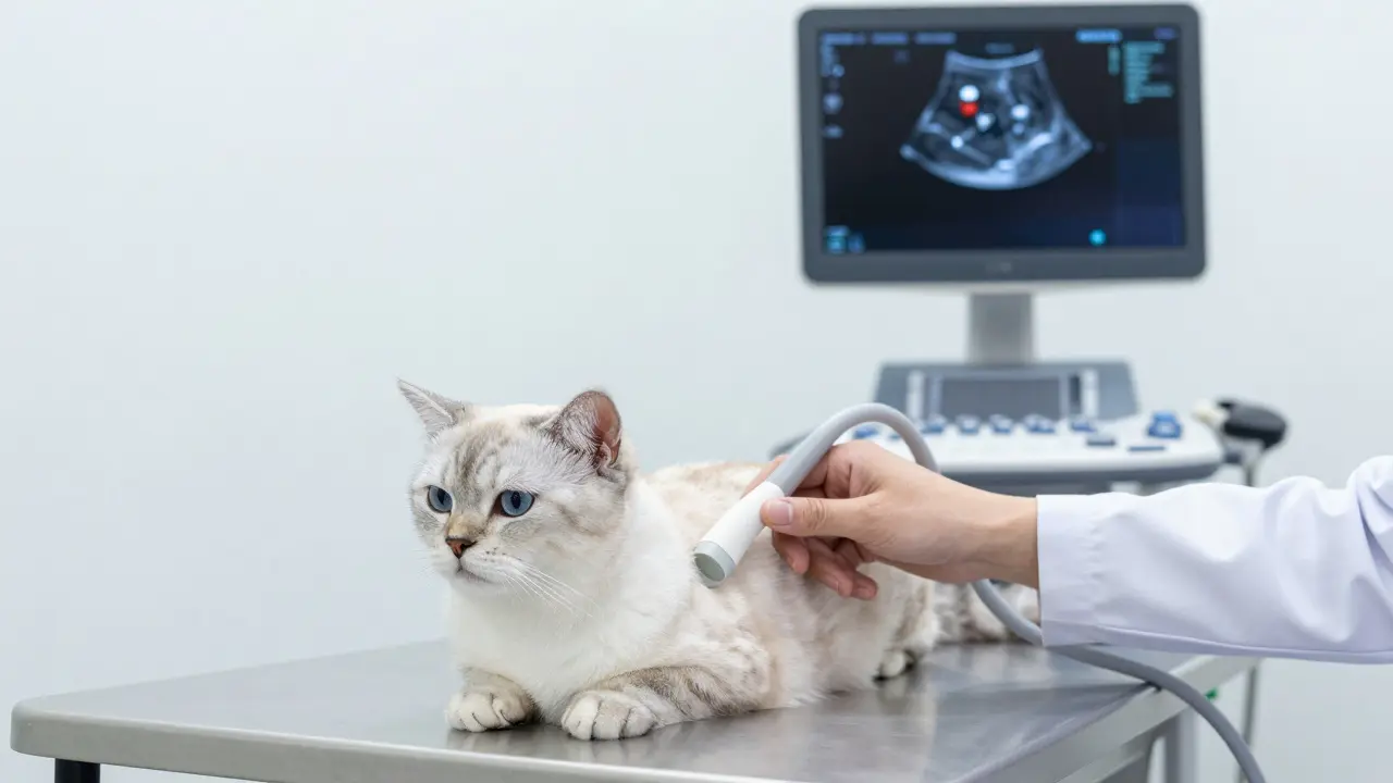 Veterinář provádí ultrazvukové vyšetření krku kočky