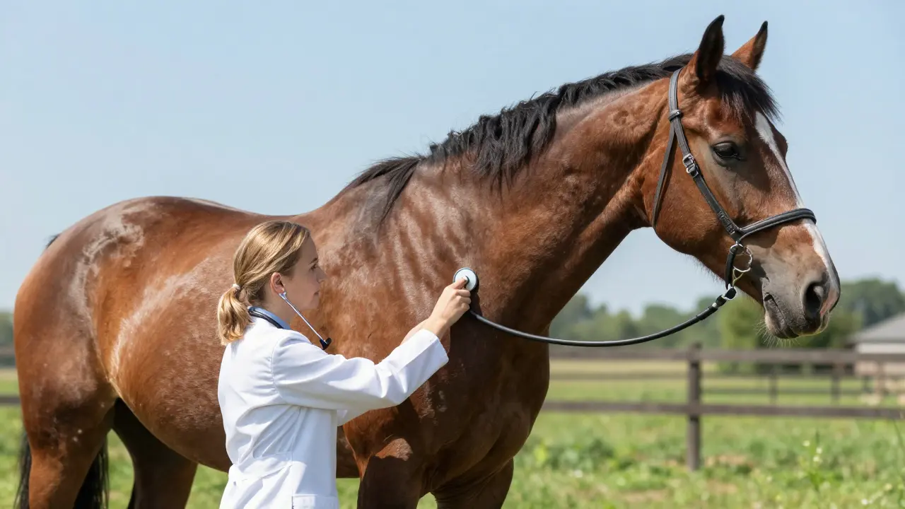Veterinář zkoumá plíce koně stetoskopem na čerstvém vzduchu v padoku.