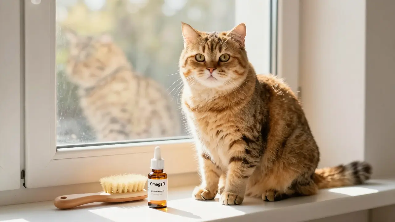 Zdravá kočka s lesklou srstí sedící na slunném okenním parapetu.